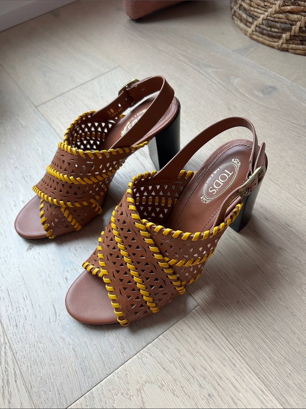 Tod's Brown Leather Woven Slingback Heels with Yellow Trim